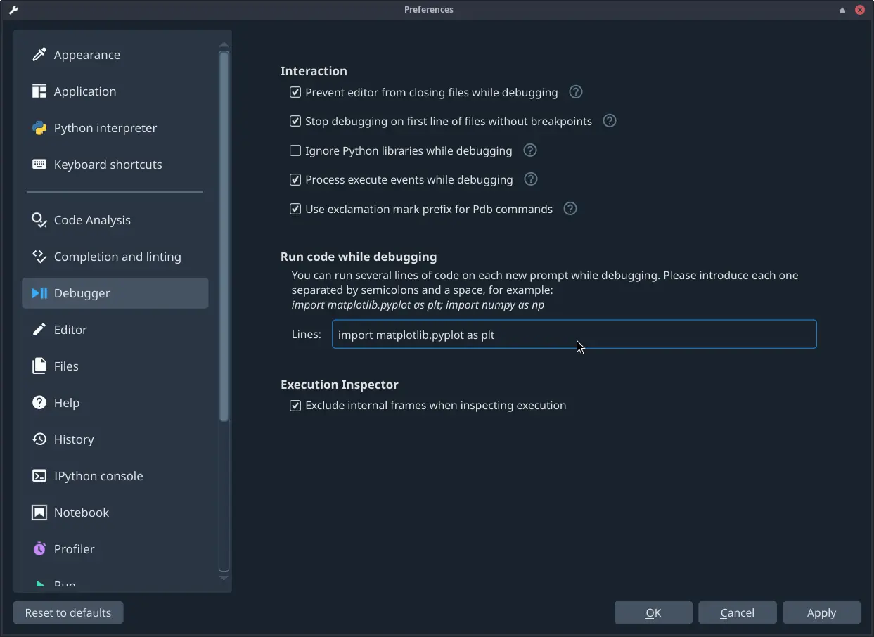 Spyder's preferenes with debugging snippet