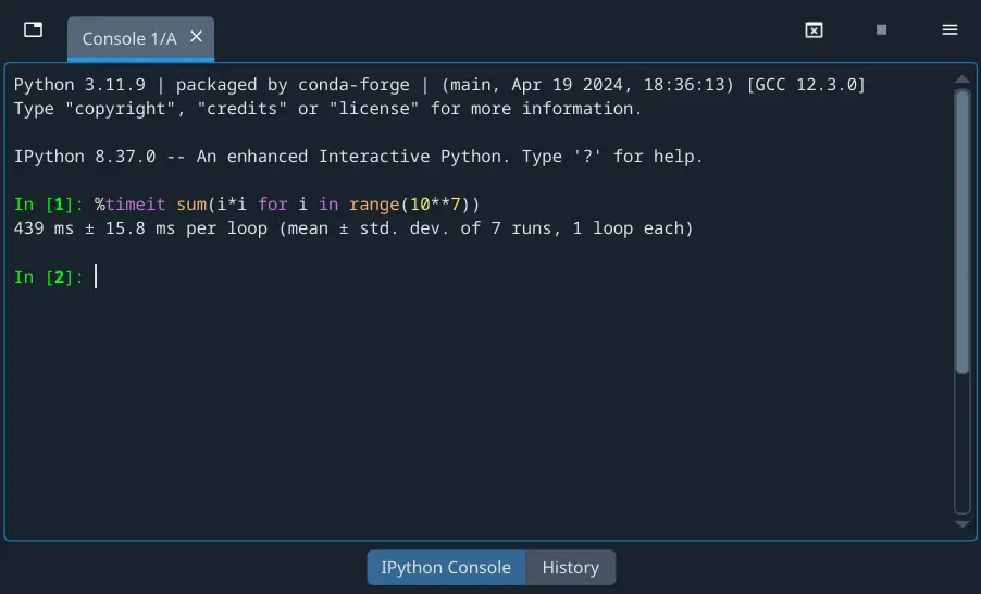 Ipython console in debug mode showing timeit magic